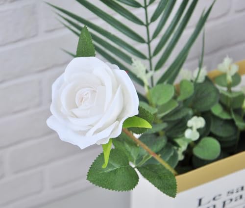 Kenpal Realistic Fake Roses Artificial Flowers with Stem for Decoration Floral Arrangement Centerpieces Wedding Bouquets (10, White) - color: White