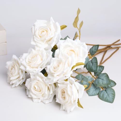 PONKING 3.1"(8cm) Manta Rose Artificial Flower 7pcs Realistic Faux Silk Roses Fake Flowers Bouquets Arrangements Decor for Wedding Spring Mother's Day, Home Table Decorations, White Flower - color: B 7pcs White Rose