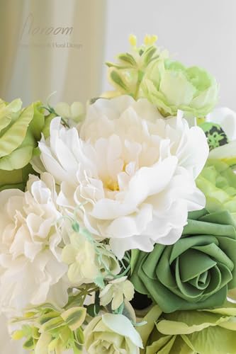Floroom Olive Green White Artificial Flowers Fake Roses Peonies and Greenery Combo Box Set for DIY Wedding Bouquets Bridal Shower Centerpieces Floral Arrangements Party Tables Home Decorations - color: Muted Olive Green