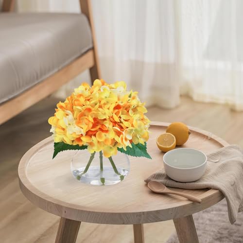 Hydrangea Artificial Flowers in Glass Vase, Orange Silk Fake Flowers Silk Centerpiece Table Decorations for Dining Room， Coffee Table Decor，Wedding, Home with Faux Water Decor（Orange） - color: Orange