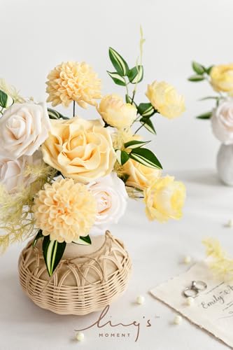 Ling's moment Artificial Flowers Fake Silk Roses Faux Foam Dahlia Combo for DIY Wedding Bouquets Centerpieces Arrangements Bridal Shower Party Home Decorations, Creamy Yellow & Cream, 24pcs - color: Ylw-creamy Yellow & Cream