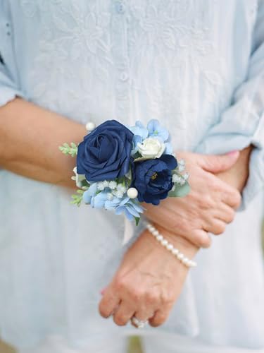 Rinlong 2Pcs Navy Blue Wrist Corsage for Wedding, Prom, Homecoming | Bridesmaid, Mother of the Bride Corsage - color: 08-navy Blue Rose