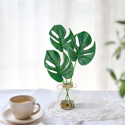 2 Pack Artificial Monstera Leaves in Glass Vase, 14" Fake Plants with Faux Water Stones, Small Faux Plants for Kitchen Bathroom Shelf Coffee Table Decor - color: Pure Green