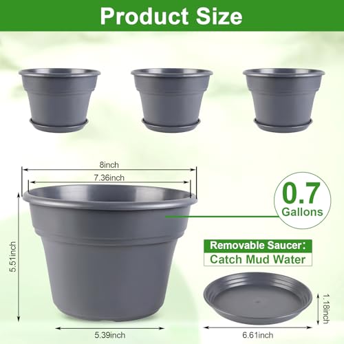 Myfeegoin 8-inch-Plant-Pots-Indoor-Outdoor, 4 Pack Plastic Planters with Drainage Holes & Saucers, Resin Flower Pots with Trays, Classic Garden Pot Container for House - color: Gray, size: 8inch