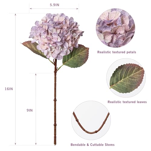 Artificial Flower Fake Silk Hydrangea Heads Bouquet With Stems Bulk for Fall Decoration Table Center Christmas Indoor Outdoor Faux Floral Realistic With Leaves Plants Crafts 8PCS(Pale Purple) - color: Pale Purple