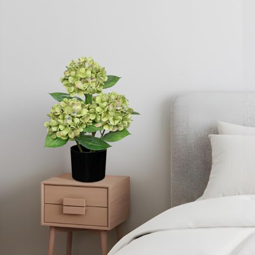 Hollyone Green Hydrangea Artificial Flowers Plant Potted 19.7" Faux Silk Hydrangea Flower Tree Arrangements for Home Bathroom Office Table Centerpiece Shelf Decorations - color: Green, size: 3 Head Hydrangea