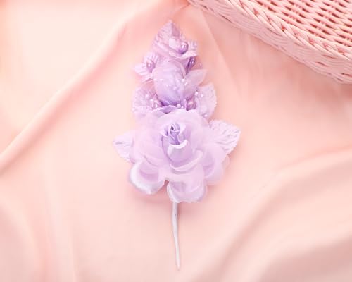 Set of 12 Artificial Silk Organza Craft Rose Flower, 12 Corsage Wristlet, 12 Pin Back DIY Boutonnieres for Wedding, Bridesmaids, Groomsmen, Quinceanera, Prom, Sweet 16 (Lavender) - color: Lavender