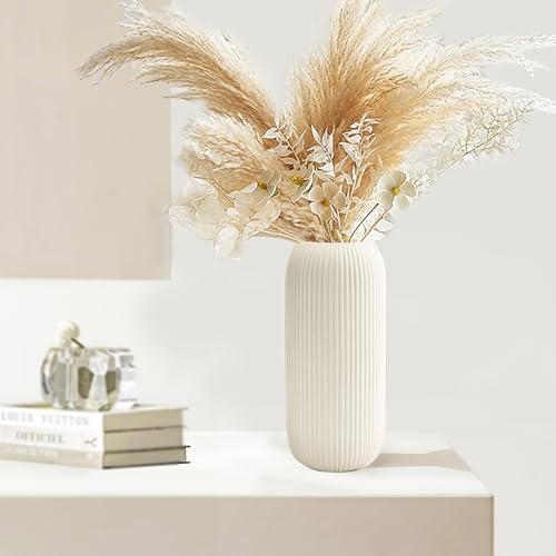 Ceramic Vase for Flowers – Modern Small Ribbed Textured Flower Vase for Home Decor, Pampas Grass, Decorative, Farmhouse, Coffee Table, Kitchen Centerpieces, Bookshelf and Home Living (XL White) - color: Tall White