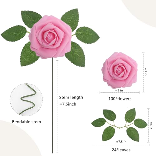 100PCS Dark Pink Realistic Roses - Artificial Latex Foam Flowers with Bendable Stems & 24PCS Leaves for Wedding, Home and Party DIY Decor - color: Dark Pink, size: 100