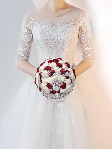 XINNI Handmade Bridal Wedding Bouquet Bride Bridesmaid Satin Rose Flower Bouquet with Drop-Shaped Rhinestone Wedding Decoration (Light Purple+Ivory) - color: Light Purple+ivory