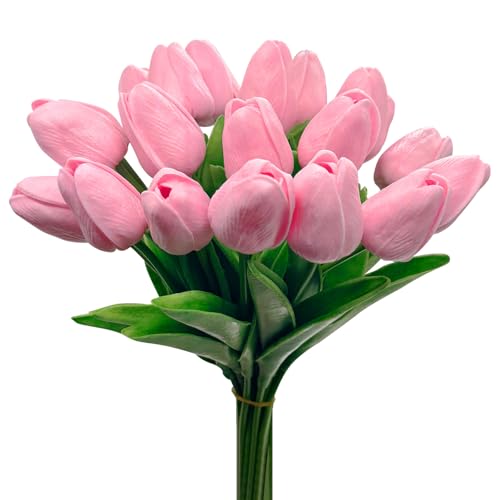 20 Pcs Tulips Artificial Flowers, 13.5'' Real Touch PU Fake Flowers Bouquet for Home Party, Spring Wedding Floral Arrangement, Valentine's, Easter and Mother's Day Decor (Light Pink) - color: Light Pink