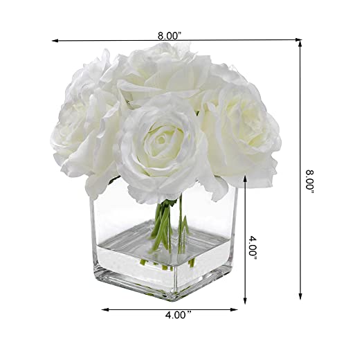 7 Large Stem Rose Artificial Flowers in Vase, Silk Floral Arrangement in Vase with Fake Water for Home Decor, Wedding Table (Cream) - color: White