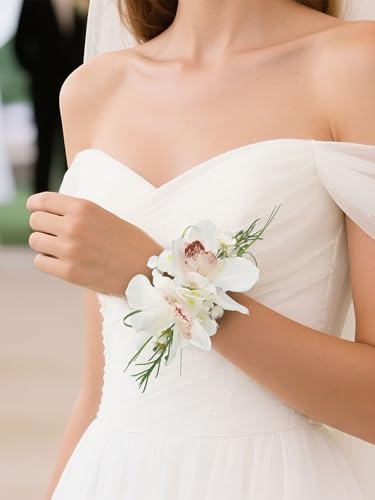 Rinlong 2Pcs White Orchid Wrist Corsage for Wedding, Prom, Homecoming | Bridesmaid Wristlet, Mother of the Bride Flower Corsage - color: 07-boat Orchid