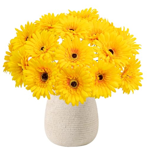 20 Pcs Fake Silk Gerbera Daisy Artificial Flowers with Stems Faux Daisies Flower Bulk for DIY Art Crafts Home Wedding Party Vase Centerpieces Tables Garland Wreath Decoration (Yellow) - color: Yellow