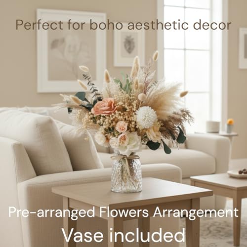 Luxury Floral Arrangement with Vase - Pampas Grass & Artificial Flowers for Kitchen Island, High End Centerpiece Decor, Coffee Table & Dining Table, Farmhouse Boho Home Decor with Dried Flowers - size: high end bouquet in vase