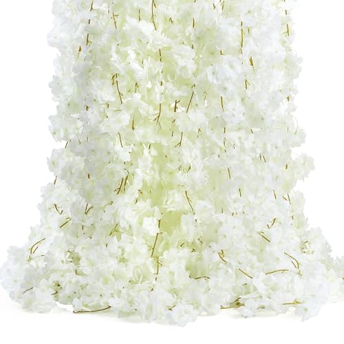 11.8FT White Cherry Blossom Garland 2pcs White Flowers Garland Silk Cherry Blossom Vines Hanging for Wedding Party Sakura Cute Spring Decor - color: White, size: 2 PC