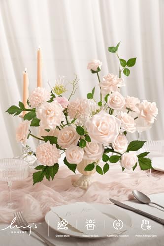 Ling's moment Artificial Flowers Fake Dahlia Faux Gardenia Foam Roses Combo for DIY Wedding Bouquets Centerpieces Arrangement Bridal Shower Party Home Decoration, Powder Pink, 25pcs - color: Pk-powder Pink