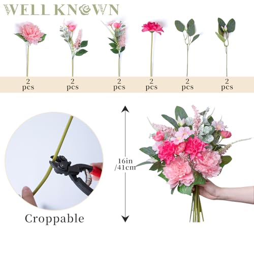 WELL KNOWN Artificial Flowers Bouquet, Spring Fake Flowers for Vase, Silk Faux Flowers DIY Table Centerpieces for Wedding, Dining Room, Kitchen, Office, Farmhouse, Mom's Decor & Gift (Pink & Hot Pink) - color: Pink & Hot Pink