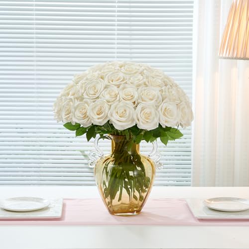50pcs Ivory Roses Artificial Flowers Bulk Fake White Roses Silk Flower with Stems Realistic Flowers for Wedding Centerpiece Party Birthday Decor - color: 50pcs Ivory