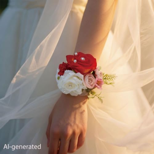 Wrist Corsage and Boutonniere Set, Artificial Rose Corsage Wristlet and Boutonniere for Wedding Prom Party (Red-White, 2pcs Wrist Corsage) - color: Red-white, 2pcs Wrist Corsage