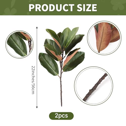 2pcs Magnolia Artificial Leaves Branches 22" Faux Magnolia Leaves with Stems Fake Artificial Greenery for Wedding Home Indoor Decor DIY Craft Flower Arrangement