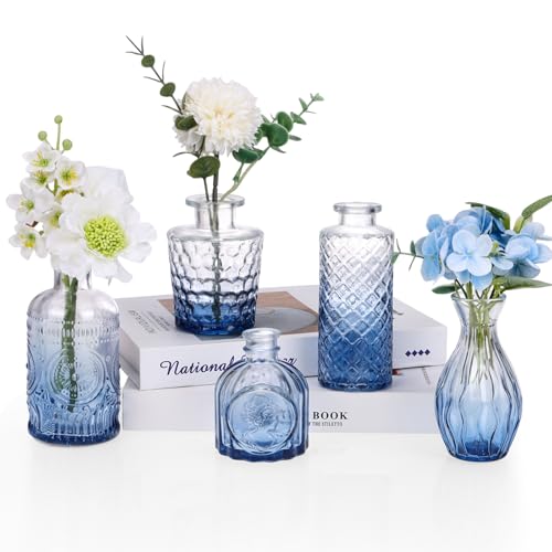5pcs Blue Glass Bud Vase Set, Small Flower Vases for Centerpieces in Bulk, Mini Vintage Vase for Home, Wedding, Table Decor - color: Blue, size: 5pcs