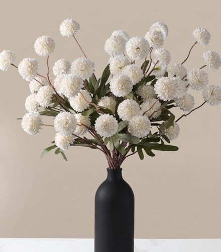 HyeFlora Fake Kiku Flowers, Faux Silk Pompon Mums Artificial Flowers, Chrysanthemum Stems Floral Arrangement Dried Flowers Vintage Decorative Indoor Home Vase Decor White (Vase not Included) - color: 8pcs-white
