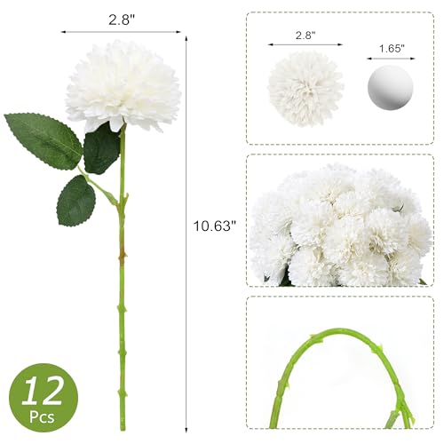 SITUMEIZI 12 Pcs White Artificial Chrysanthemums Flowers Ball Flower Fake Mums Silk for Wedding Home Kitchen Decoration Floral Arrangement - color: Ivory White, size: 12 Pieces