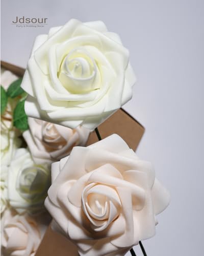 50pcs Artificial Flower，Real Touch Foam Roses w/Stem DIY for Wedding Bouquet Centerpieces Party Shower Home Decor-Ivory Cream - color: Ivory Cream