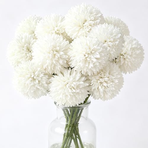 Tinsow 12 Pcs Artificial Flowers Faux Ball Chrysanthemum Bouquet Silk White Flowers Bridal Wedding Bouquet for Home Garden Party Wedding Decoration (White, 12) - color: White