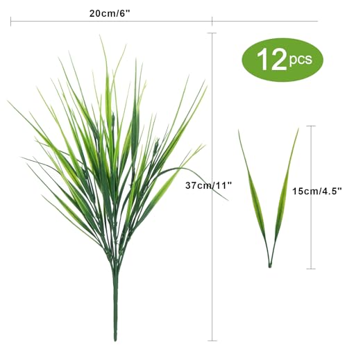 Ouddy Decor 12 Bundles Artificial Wheat Grass Outdoor UV Resistant Greenery Stems Plastic Shrubs for Garden Farmhouse Front Porch Window Box Home Decor - color: Light Green, size: 12 Bundles