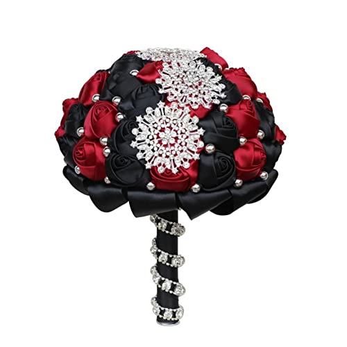 Dark Red and Black Bridal Wedding Bouquet with Luxury Bling Rhinestone Brooch Pearls Satin Rose Flower Bouquet for Bride Bridesmaid Quinceanera Bouquet Wedding 7.1in - color: ['Dark Red & Black'], size: Diameter: 7.1 inches
