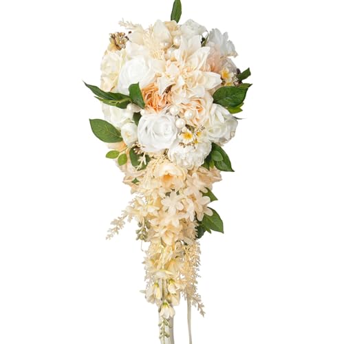 10 Inch Champagne Dahlia White Rose Cascading Bouquets for Bride Pearl Fall Wedding Bridal Bouquet Artificial Silk Flower Boho Rustic Vintage Ceremony Anniversary Decor Toss Bouquet - color: Champagne,pearl