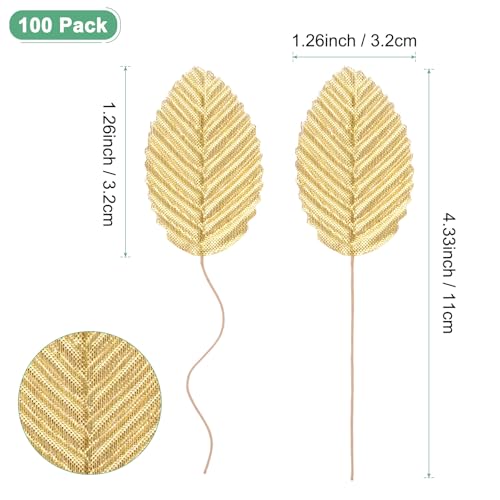 M METERXITY 100-Pack Artificial Silk Leaf, Faux Wire Single Leaves, Fake Flower Leaf with Stem for DIY Bouquet/Wreaths/Wedding/Garland/Party Decorations, Fake Rose Craft Leaves [Gold] - color: Gold