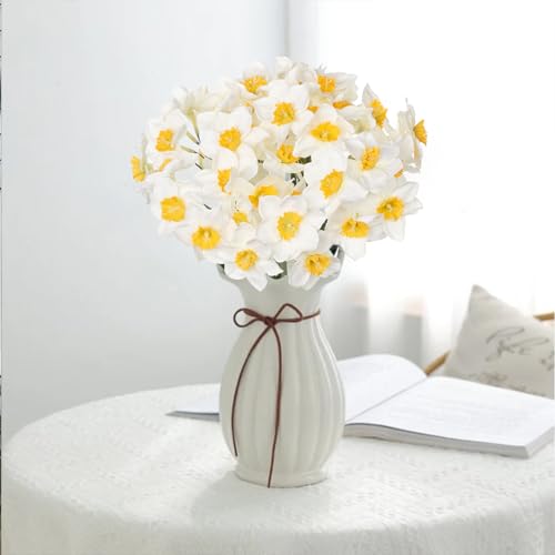 Briful 12 Stems Daffodils Artificial Flowers 2 Bunches Real Touch Fake Narcissus Flower 9in Silk Spring Fake Flowers Wedding Floral Decor Bouquet for Home Party Wedding Office Anniversary Decor,White - color: White#162