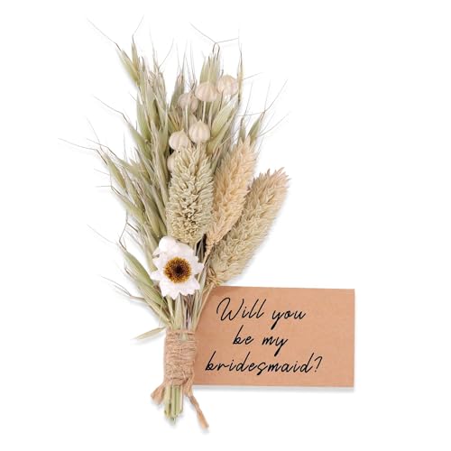 Bridesmaid Proposal Bouquet Gift from Bride, Mini Natural Dried Flower Decor for Engagement Bachelorette Bridal Party, Natural Oat & Wildflower Hand-Tied Arrangement Rustic Wedding Keepsake - style: oat