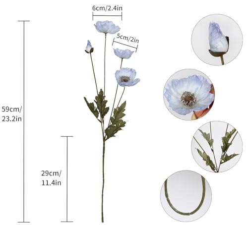 IPOPU Vintage Light Blue Poppies Flowers Artificial 6PCS Silk Poppies Realistic Faux Flowers for Vase Artificial Poppies Blue Fake Flower for Centerpieces Bridal Shower Party Decor (Light Blue) - color: Light Blue