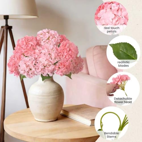 INXUGAO Artificial Flowers Fake Outdoor Hydrangea Bouquets with Long Stems, 3Pcs 18" Faux Pink Hydrangeas with Latex Real Touch for Outdoors, Wedding, Baby Shower and Party Decor - color: Pink
