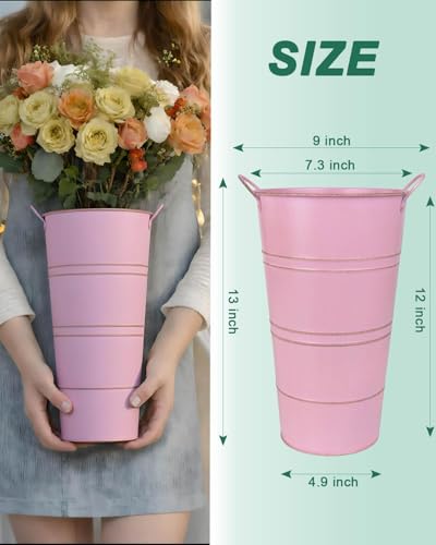 vensovo 12 Inch Galvanized Metal Vases for Flowers - 6 Pcs Farmhouse Decorative Tall Flower Bucket with Handles, Rustic French Tin Planter Buckets for Wedding Decor (Pink) - color: Pink
