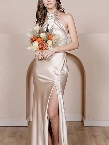 Rinlong 1Pc Fall Wedding Bouquet for Bridesmaids Burnt Orange Dried Flower Bridesmaid Boho Terracotta Bouquet Wedding - color: 04-beige & Terracotta