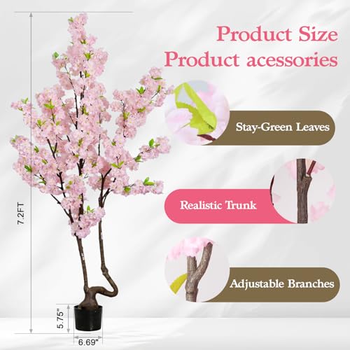 7.2ft Tall Pink Faux Cherry Blossom Tree for Home Decor, Likelike Artificial Silk Flower Cherry Branches Tree Indoor Outdoor, Sakura Tree Realistic Fake Flowering Plant for Christmas Decor - color: Pink-ap16