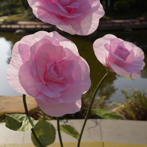 Giant Roses Artificial Flowers for Decoration with Stand,Oversized Handmade Paper Rose Decoration for Wedding,Party,Window Display,Photography Prop,Valentine’s Day & Event Decor(Pink) - color: Pink