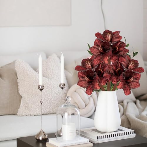 Briful Amaryllis Artificial Christmas Flower Stems, 19.7" Burgundy Glitter Faux Amaryllis with Detachable Heads for Xmas Home Party Wedding Bouquet Vase Arrangement Decor - color: Burgundy