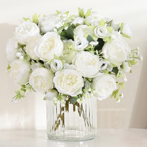 MARTINE MALL 2 Packs Peonies Artificial Flowers, White Artificial Peonies, Silk Peonies Flowers Fake Peonies Artificial Flowers Peonies Bouquet for Centerpiece Table Wedding Party Home Decor - color: White, size: 2PCS