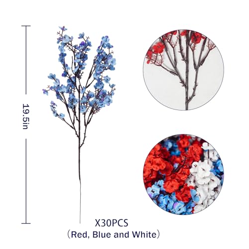 Uieke 30 Pcs 4th of July Artificial Flowers Fake Patriotic Babys Breath Flowers for Independence Day Decor Blue White Red Silk Flowers for Memorial Day Floral Arrangement Home Wedding - color: Red Blue White, size: 30PCS