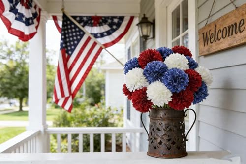 Kimura's Cabin 21Pcs Chrysanthemum Patriotic Flower 4th of July Artificial Flowers Faux Silk Mums with Stem Balls Flowers for Home Table Centerpieces DIY Decor Memorial Day Decoratio Red White Blue - color: Red White Blue