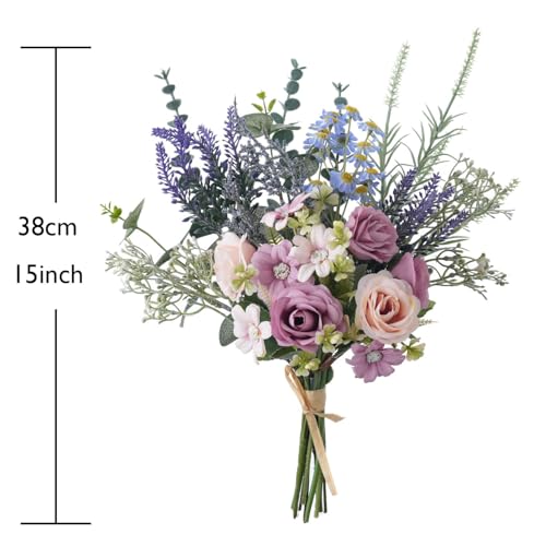 15 Inch Artificial Silk Flowers Bouquet with Roses, Eucalyptus, Baby's Breath, Daisies, Lavender, Sage & Chamomile - Realistic Faux Floral Arrangement for Home Decor Centerpiece - color: Spring