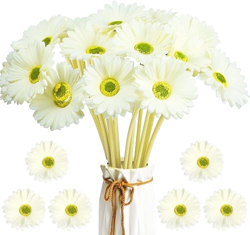 WILLBOND 18 Pcs Artificial Gerbera Daisies Flowers 15 in White Fake Daisy Bouquet with Flexible Stems Boho Faux Wildflower for Wedding Bridal Groovy Party Home Kitchen Decor - color: White