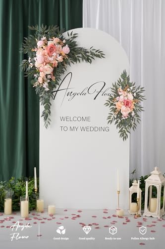 Deluxe Wedding Arch Flowers with Drapes Kit Pack of 4, 2pcs Dusty Pink Sage Hanging Silk Flowers Arrangement 2pcs Chiffon Drapes for Ceremony Arbor Party Outdoor Decor - color: Dusty Pink & Pink