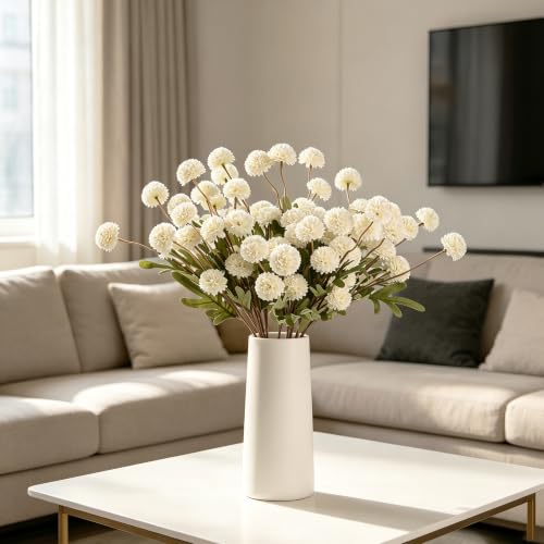 HNVNER Ivory White Faux Flowers for Vase 10PCS, Fake Flowers Mini Silk Pompon Mum Long Stem, Realistic Small Artificial Chrysanthemum for Home Decorations Kitchen Table Centerpiece Wedding - color: Ivory White